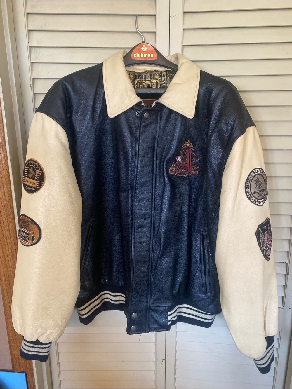 Men's Black and Cream Anheuser Busch Budweiser Leather Jacket with Patch Details